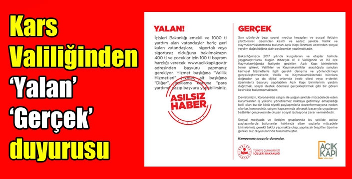 Kars Valiliğinden ‘Yalan’, ‘Gerçek’ duyurusu
